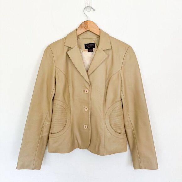 Vakko VS2 Women’s Vintage Cream Tan Lamb Leather 3 button Moto Blazer Coat - Picture 1 of 12